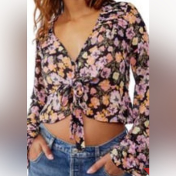 Free People Maybel Blouse Black Combo Floral flounce ruffle top sheer - Picture 1 of 10